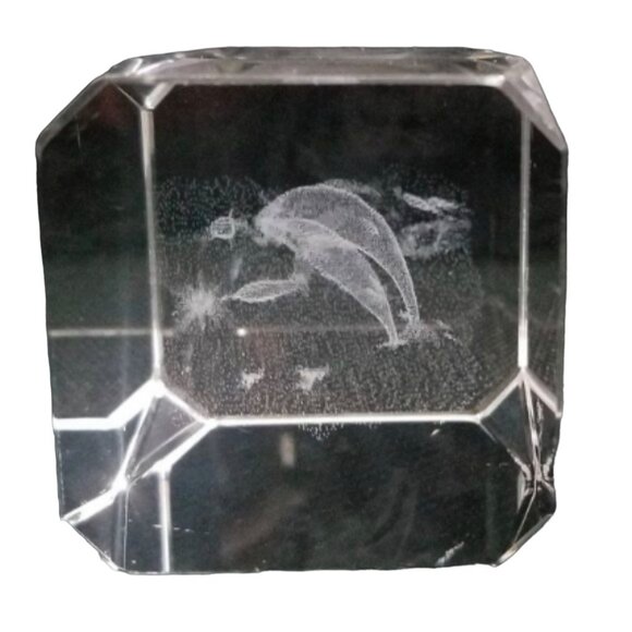 3D Etched Crystal Glass Dolphin Figurine Paperweight With Marine Life Scene Rect - Picture 8 of 8
